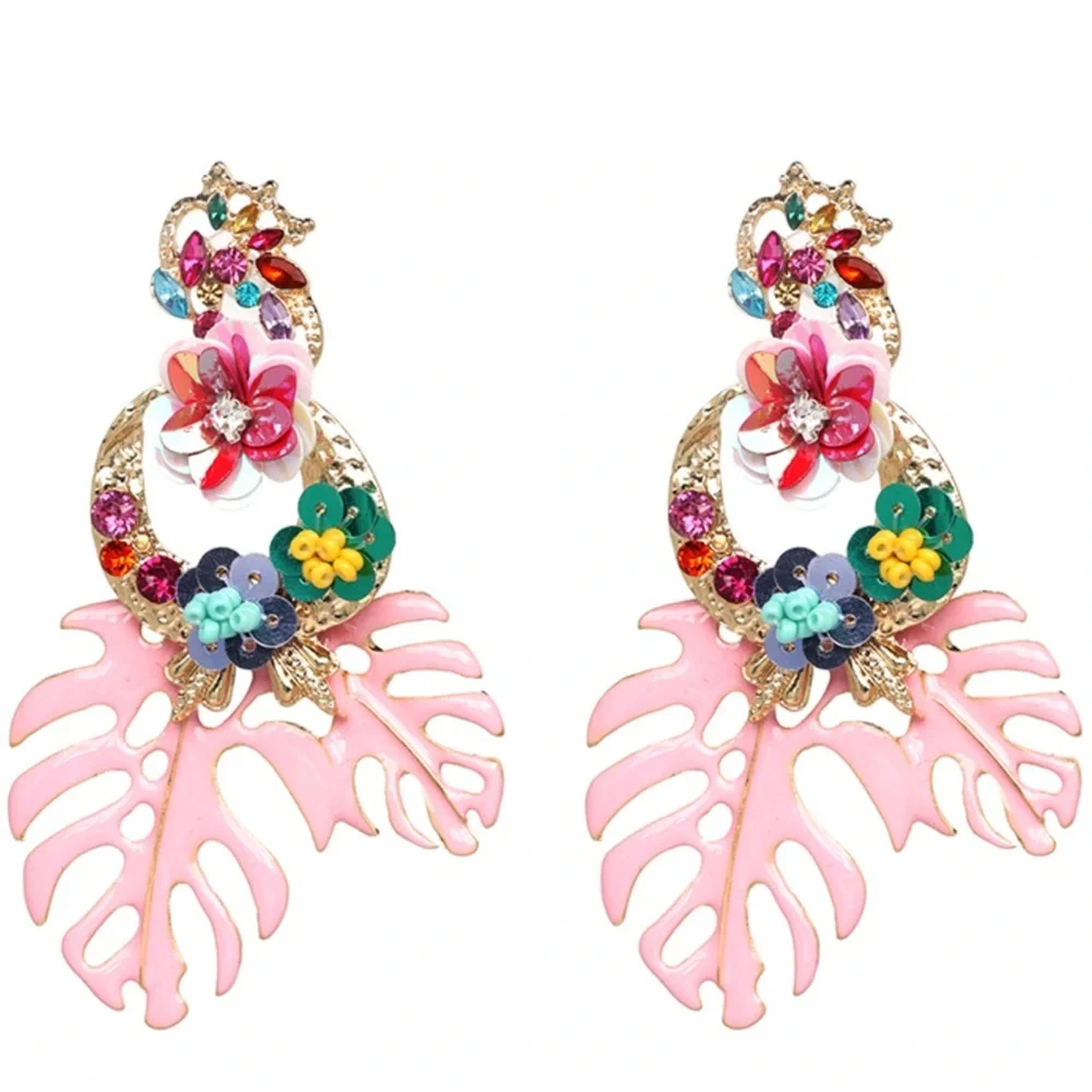 Baby Pink Tropical temptation earrings enamel Monstera leaves and fl…